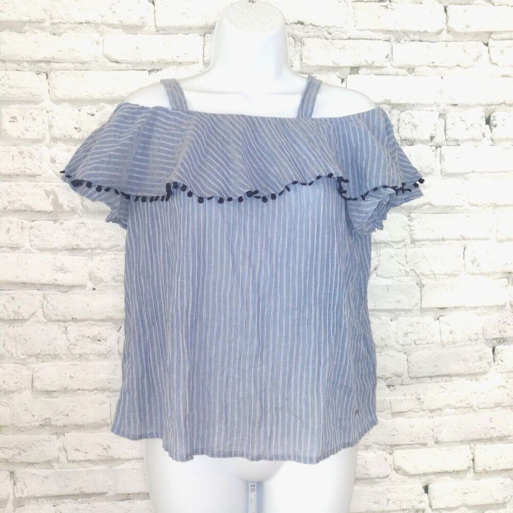 Tommy Hilfiger Top Womens XS Blue White Striped Ruffle Adjustable Straps Preppy